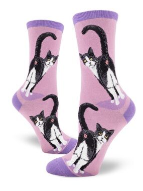 MOD Socks Tuxedo Cat Butt Women’s Crew Socks with purple background NWT